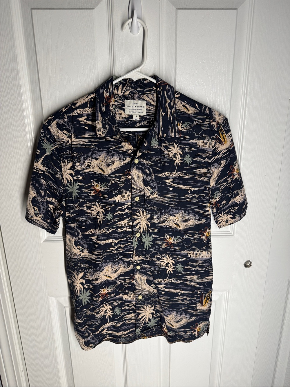 Lucky Brand Men's Navy Tropical Print Short Sleeve Shirt